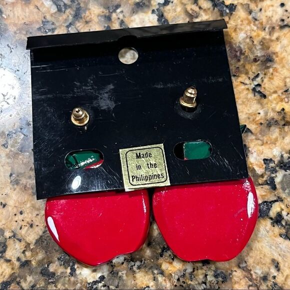 Vintage Wooden Apple Earrings Hand Painted Philippines Teacher - Picture 5 of 5